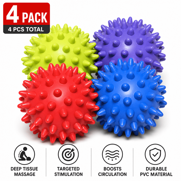 4 Pack Spiky Massage Balls 3 Inch Deep Tissue Foot Massage Ball Spiked Muscle Roller Set for Back Feet Hands Yoga Exercise Recovery