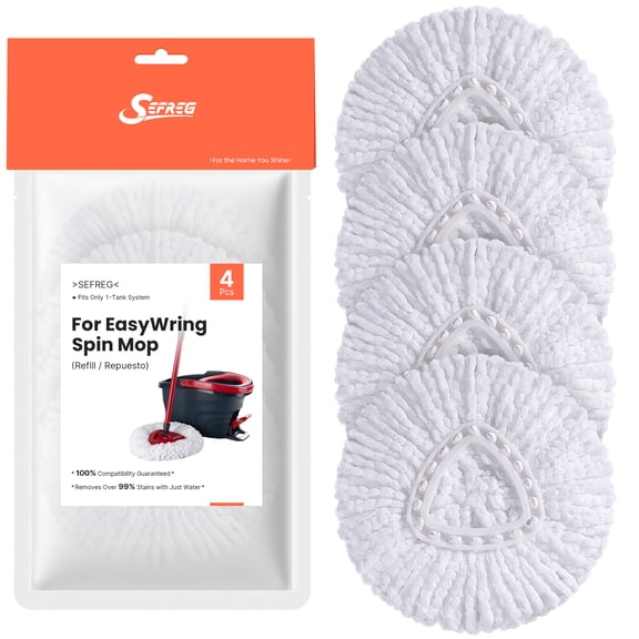 Spin Mop Head Replacements Compatible with O-Cedar EasyWring, Mop Head Refills for 1-Tank System, Washable & Reusable, Deep Cleaning, Easy to Repalce, 1 CT (Pack of 4)