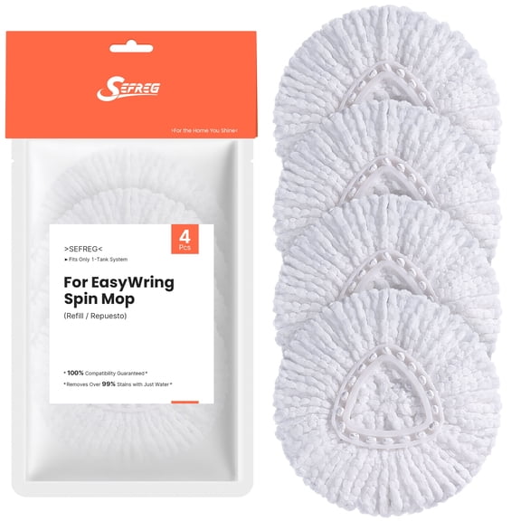 Spin Mop Head Replacements Compatible with O-Cedar EasyWring, Mop Head Refills for 1-Tank System, Washable & Reusable, Deep Cleaning, Easy to Repalce, 1 CT (Pack of 4)