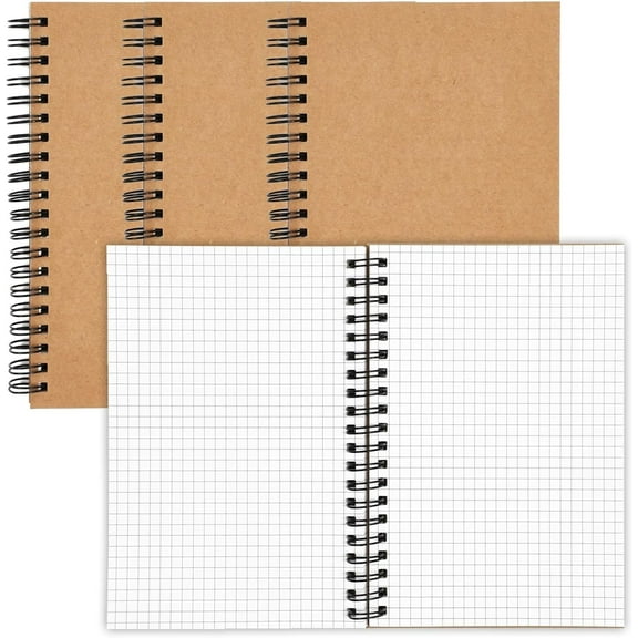 4 Pack Spiral Notebook , Small Graph Notebook with Kraft Cover, 5x7 inch, 50 Sheets Each, A5 Grid Notebooks for Sketching, Designing, Note-Taking, Brown Spiral Bound Journals