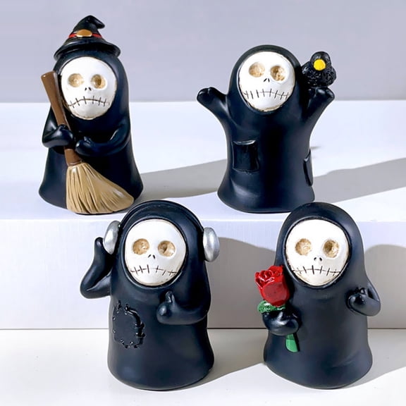4 Pack Spooky Halloween Ghost Resin Figurines,Assorted Poses Hand Painted Solid Resin Mini Ghost Statues,Lightweight Tabletop Shelf Ornaments for Indoor Home Halloween Party Decorations