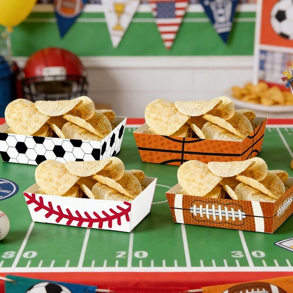 4 Pack Sports Party Large Paper Snack Box 8.8x6.5in for Candy Favors Football Viewing Party, Disposable Decorative Tray for Game Day Birthday Celebration, Multicolor