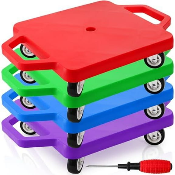 4 Pack Sports Scooter Board with Handles, Plastic Casters Floor Scooters for Kids, Indoor Sitting Scooter with Rollers, Physical Education for Home, Homeschool Supplies
