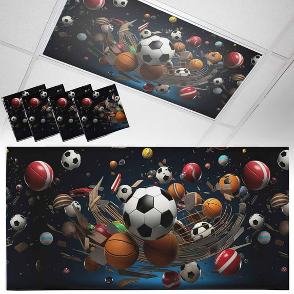 4 Pack Sports Theme Fluorescent Light Covers for Ceiling Lights Football Basketball Baseball Rugby Magnetic Ceiling Light Covers Overhead Light Filters for Office Classroom Home