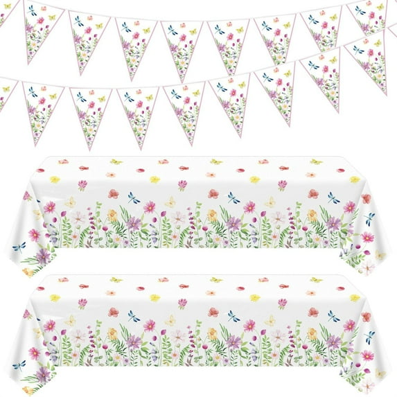 4 Pack Spring Floral Tablecloth Wild Flowers Table Cloth Plastic 2 x Spring Floral Tablecloth Flower Table Cover 51 x 86 Inches 2 x Wildflower Element Banners for Flower Wedding, Babyshower, Birthday