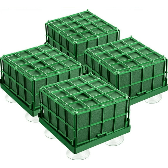4 Pack Square Floral Foam Cage, Floral Foam Blocks with Suction Cup, Flower Cage Arranger,Grid Floral Foam for Fresh , Table Centerpiece and Wedding Decor (4.3inch)