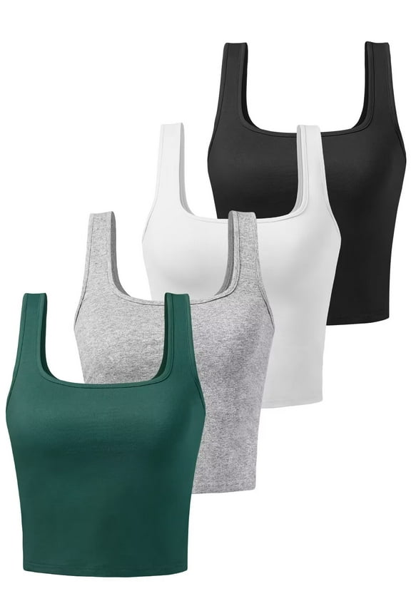 4 Pack Square Neck Crop Tops for Women Workout Tank Tops Trendy Going Out Tops Gym Shirts BLACK WHITE GREY DEEP GREEN L