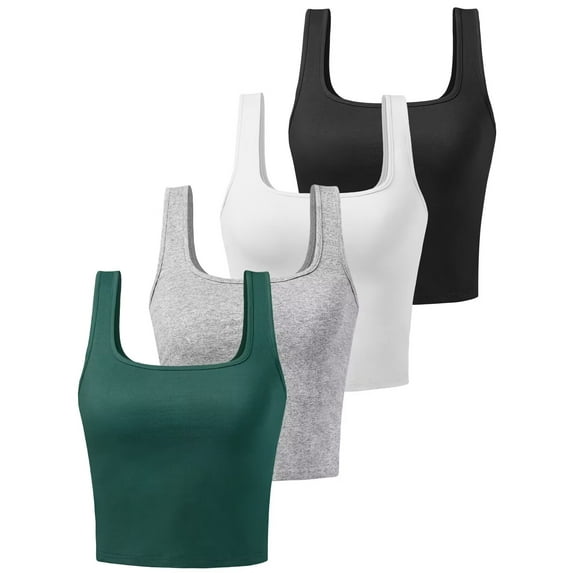 4 Pack Square Neck Crop Tops for Women Workout Tank Tops Trendy Going Out Tops Gym Shirts BLACK WHITE GREY DEEP GREEN S