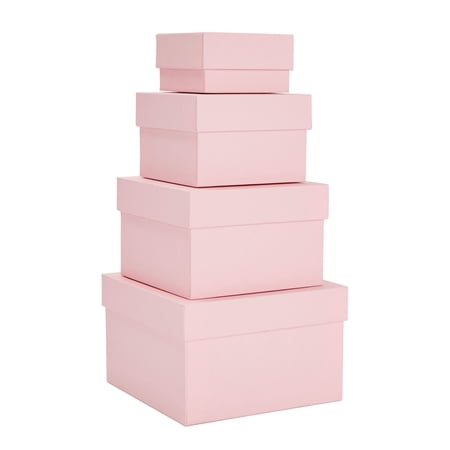 Stockroom Plus Gift Box Set - 4 Piece Assortment, Pink - Nesting & Stackable Pink Square Boxes with Lids for Weddings, Birthdays & Favors