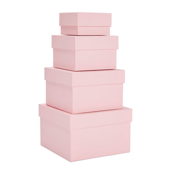 Stockroom Plus Gift Box Set - 4 Piece Assortment, Pink - Nesting & Stackable Pink Square Boxes with Lids for Weddings, Birthdays & Favors
