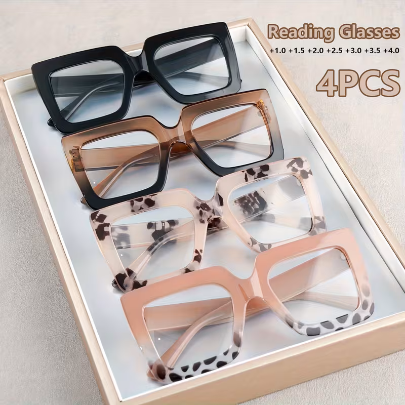 4 Pack Square Reading Glasses for Women and Men, Large Frame Leopard Print Readers, +1.00 to +4.00 Magnification, Fashion Eyewear