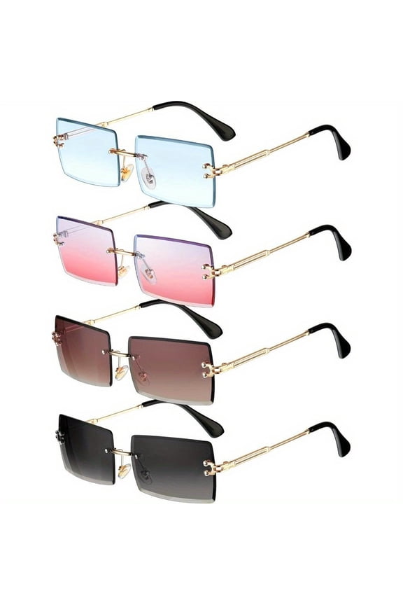 4 Pack Square Rimless Sunglasses Fashion Frameless Glasses Eyewear Rectangle Transparent Y2K Glasses for Women Men