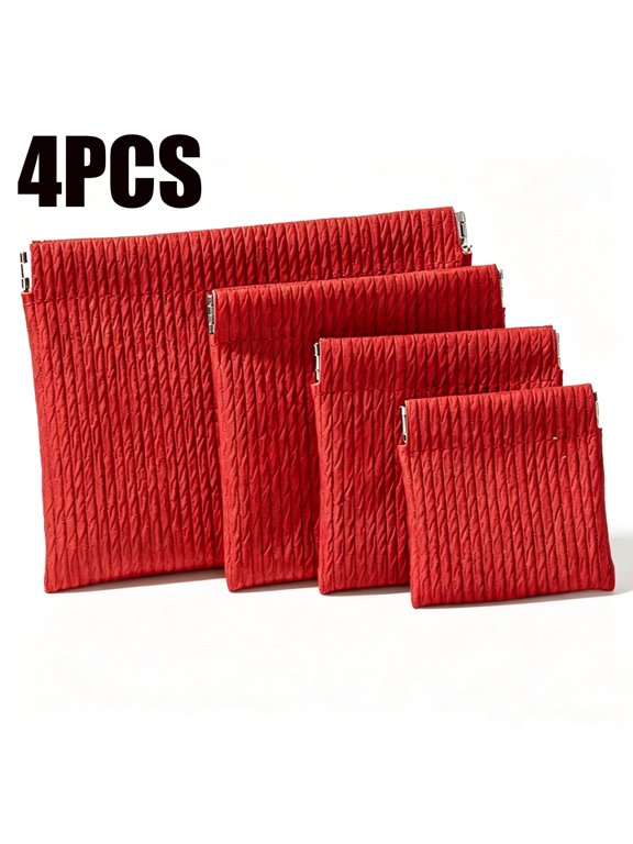 4 Pack Squeeze Top Makeup Pouches, 4 Sizes Self-Closing Fabric Bags, Portable Organizer for Cosmetics Jewelry Coins Earbuds