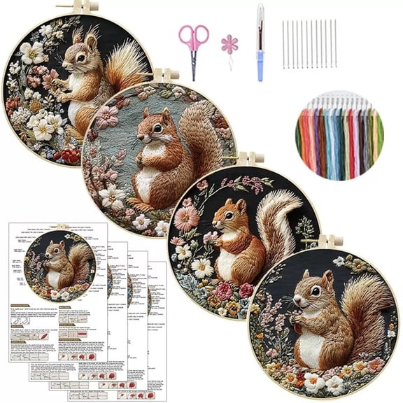 4 Pack Squirrel Embroidery Kits for Adults Beginners Realistic Woodland Animal Floral Needlepoint DIY Hoop Art Craft Set