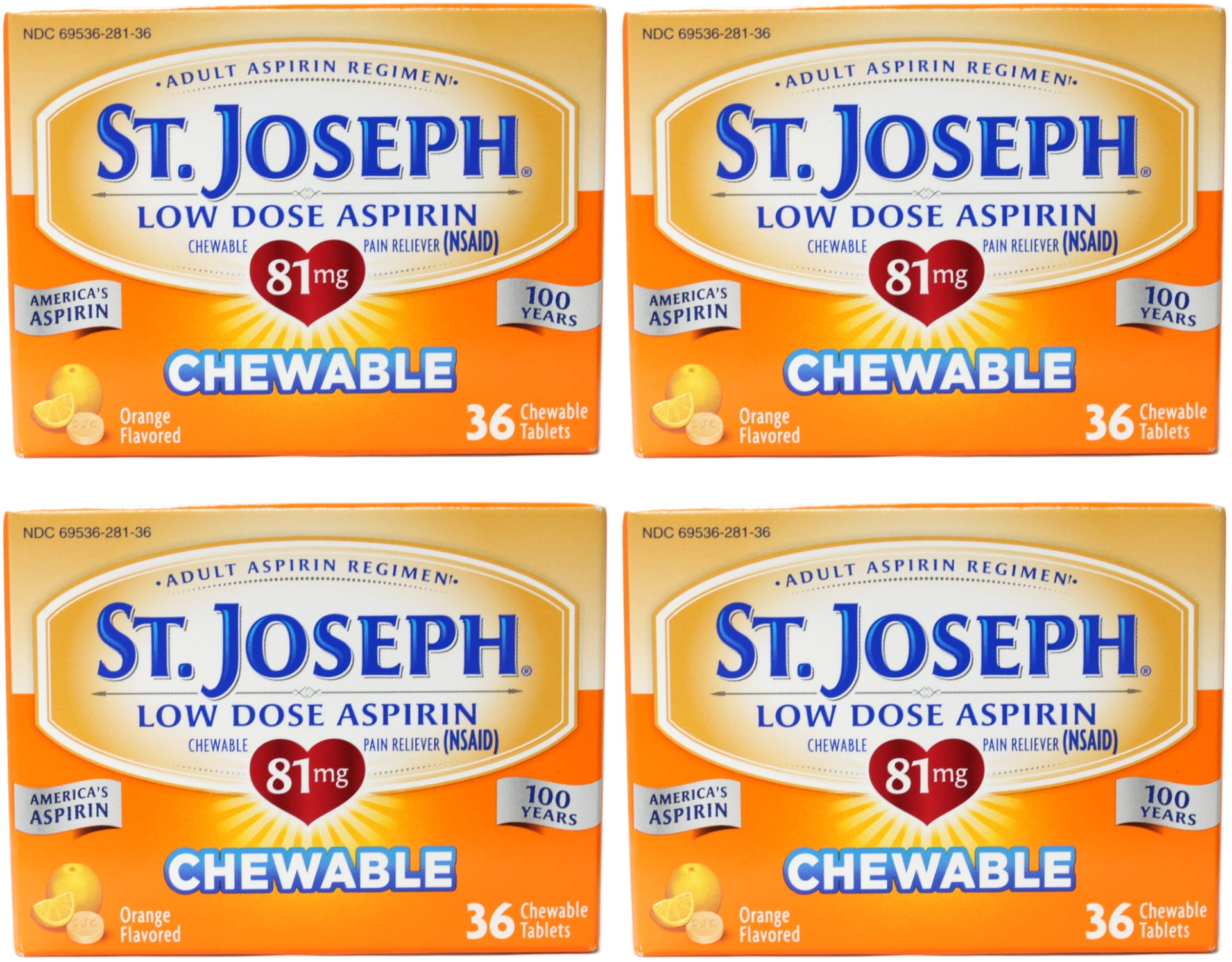 4 Pack St. Joseph Low Dose Aspirin Adult Aspirin Regimen 36 Chewable Tabs Each