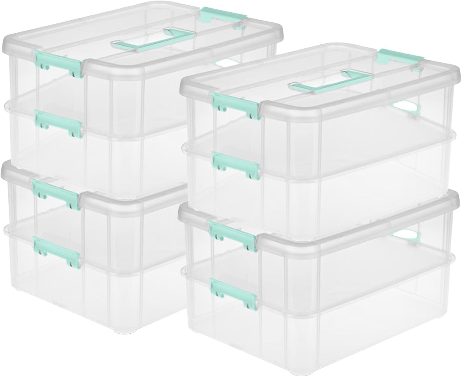 4-Pack Stack & Carry, 2 Layer Handle Box for Home & Office Storage - Clear Base & Lid with Color Latches, Organizer for Art & Craft Supplies, Sewing Tools or 8.5" x 11" Paper