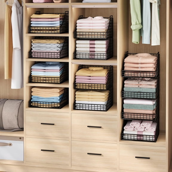 4-Pack Stack-able Wire Baskets for Closet Organizers and Storage, Open Storage Bins for Clothes, Toys, and Snacks - Rustic Metal Closet Organizer and Shelves in Black