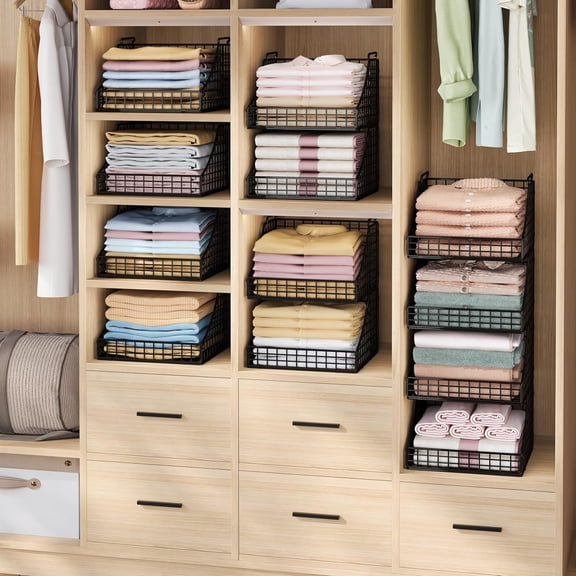 4-Pack Stack-able Wire Baskets for Closet Organizers and Storage, Open Storage Bins for Clothes, Toys, and Snacks - Rustic Metal Closet Organizer and Shelves in Black