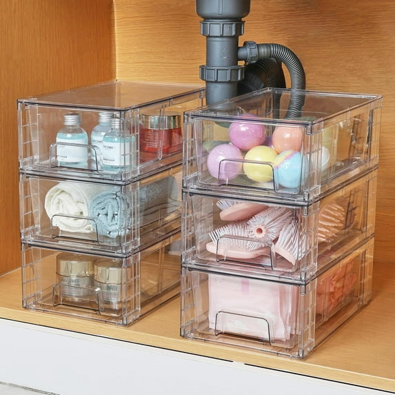 4 Pack Stackable Acrylic Storage Drawers with Handles for Fridge, Bathroom, Kitchen and Cabinet Organization
