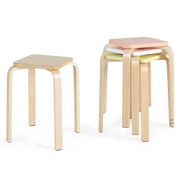 4 Pack Stackable Bentwood Stools, 18-Inch Tall Backless Counter Chairs with Anti-Slip Mats, Square Seat for Home School Restaurant Cafe, Assorted Color