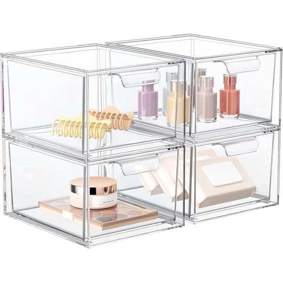 4 Pack Stackable Clear Acrylic Makeup Organizer with Handles, Plastic Storage Drawers for Vanity, Bathroom, Kitchen Cabinets, Pantry