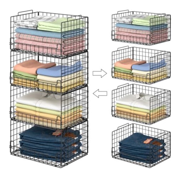4 Pack Stackable Closet Organizers and Storage Basket - Sturdy Metal Foldable Space-Saving Clothes Bins Versatile Shelf System for Pantry Kitchen Bathroom Laundry Room Wardrobe Black