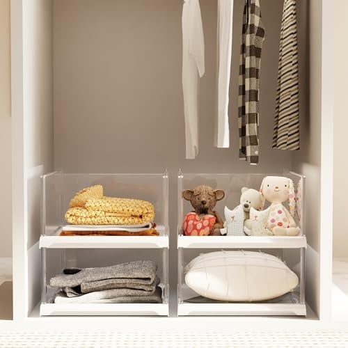 4 Pack Stackable Closet Organizers and Storage Shelves,Transparent Multifunctional &Foldable Sweater Storage for Closet, Bathroom, Kitchen, Cupboard, Laundry Room, and Office