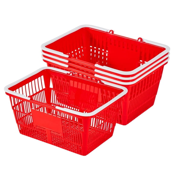 4-Pack Stackable Grocery Baskets,21L Durable Plastic Storage Bins with Handles for Supermarket,Retail,or Home Organization,Red