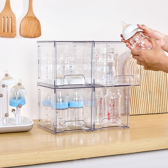 4 Pack Stackable Makeup Organizer, 4.4in Tall Acrylic Bathroom Makeup Organizer and Storage Drawer with Pull-out Handle, Clear Storage Bins for Vanity,Pantry,Desk,Undersink,Kitchen