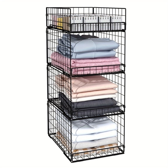4 Pack Stackable Metal Wire Closet Organizers & Storage Shelves for Clothes, Bins, Containers | RV Camper Truck Wardrobe Pantry Closet Dividers