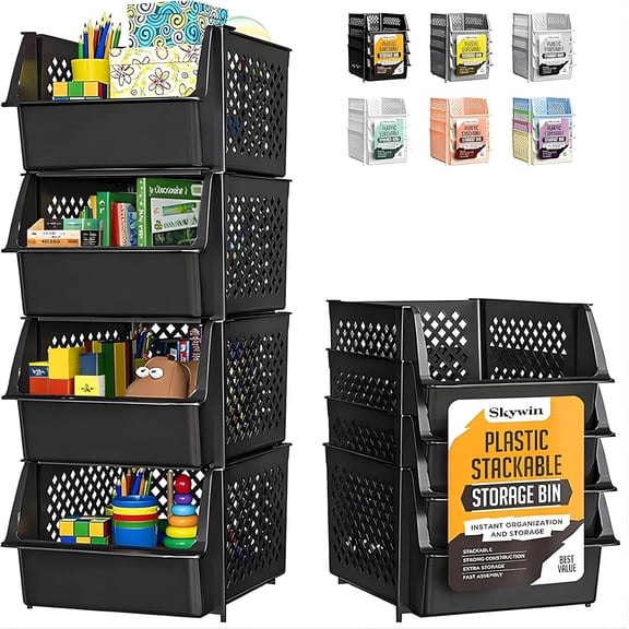 4 Pack Stackable Open Front Storage Bins for Pantry Kitchen and Home Organization Black