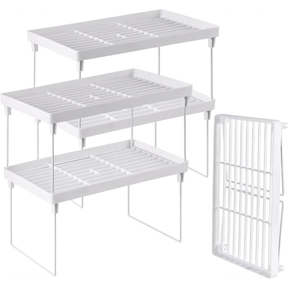 4-Pack Stackable Plastic Kitchen Storage Shelf Foldable Rack - White Kitchen Cabinet Organizer and Storage Shelves Stackable Expandable Storage Racks for Counter Cabinet Pantry
