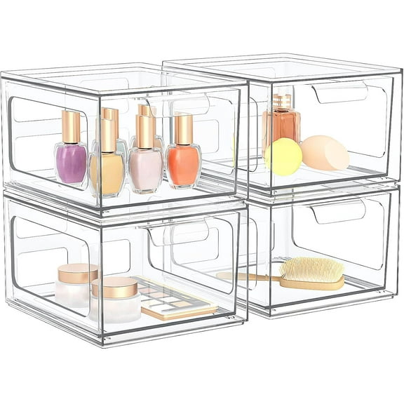 4 Pack Stackable Plastic Makeup Organizer Drawers, Organizers, Clear Storage Bins with Pull-Out Handles for Vanity, Kitchen Cabinets, Pantry