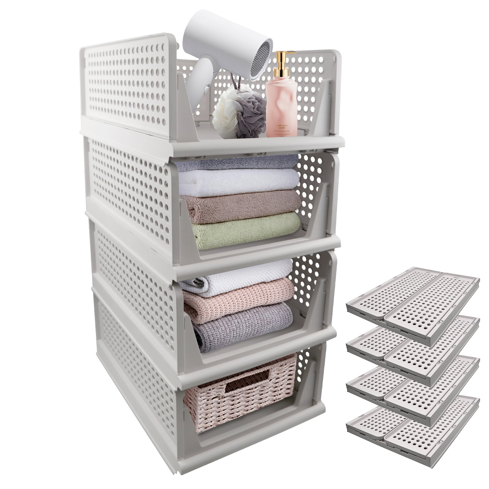 4 Pack Stackable Plastic Storage Basket Bin Shelf Box for Closet ...