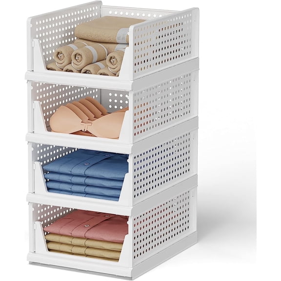4 Pack Stackable Plastic Storage Basket, Topboutique Stackable Storage Drawers for Clothes, Foldable Closet Organizers and Storage Bins, Plastic Drawers for Clothes, (White, 4L)