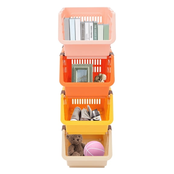 4-Pack Stackable Plastic Storage Baskets - Open Front Organizer Bins for Kitchen, Pantry, Bathroom, and Toy Storage - Durable and Versatile Storage Solution