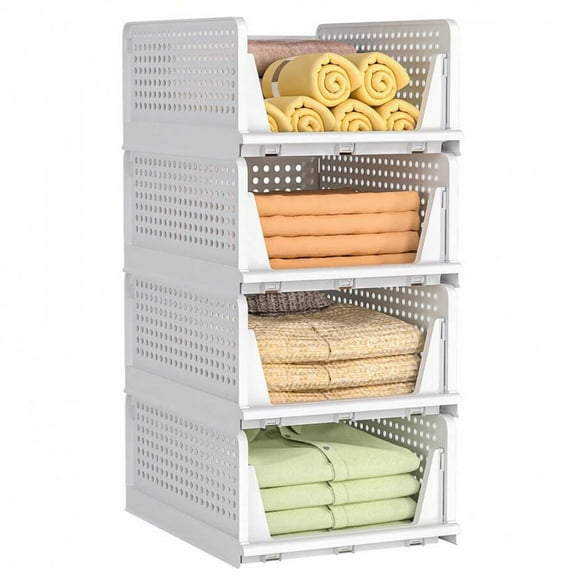 4 Pack Stackable Plastic Storage Drawers - Open Storage Bins, Closet Organizer For Clothes/Wardrobe, Home Decor (Fall Decor Included) - Ideal for Closet, Bedroom, Room Decor