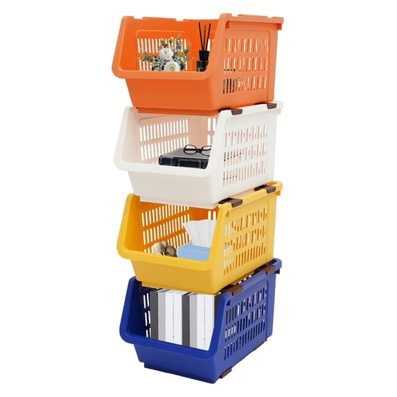 4-Pack Stackable Storage Baskets with 2 Wheels, Large Capacity 38.58 lbs Stackable Storage Bins Open Front, Space Saving Home Organization for Kitchen Bedroom Office 9.5*13.4*29.9 in