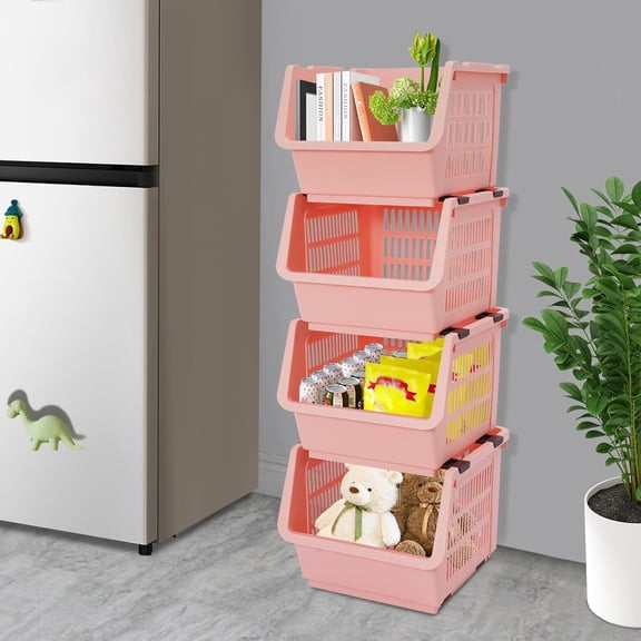 4-Pack Stackable Storage Baskets with 2 Wheels, Large Capacity 38.58 lbs Stackable Storage Bins Open Front, Space Saving Home Organization for Kitchen Bedroom Office (Pink, 11 * 13.8 * 33.5 in)