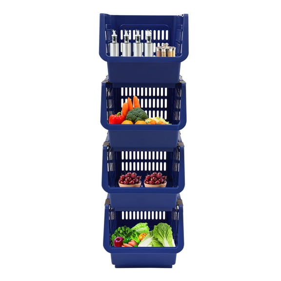 4-Pack Stackable Storage Baskets with 2 Wheels, Large Capacity 38.58 lbs Stackable Storage Bins Open Front, Space Saving Home Organization for Kitchen Bedroom Office  9.5*13.4*29.9 in