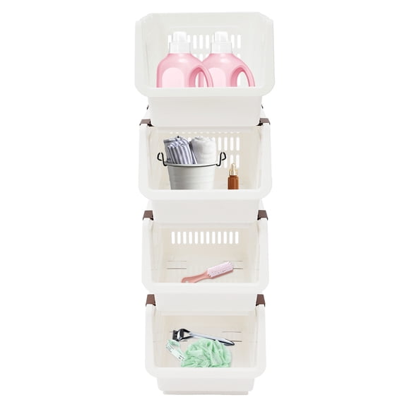 4 Pack Stackable Storage Baskets PP Plastic Stackable Bins with Wheels, Modular Organizer for Kitchen, Bathroom, Pantry, Toys, Books, Collapsible & Nestable Design White