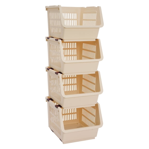 4-Pack Stackable Storage Bin Adjustable Organizer Baskets with Wheels 55lb Capacity U-Shaped Open Front for Kitchen Bathroom Office Large size (Beige)