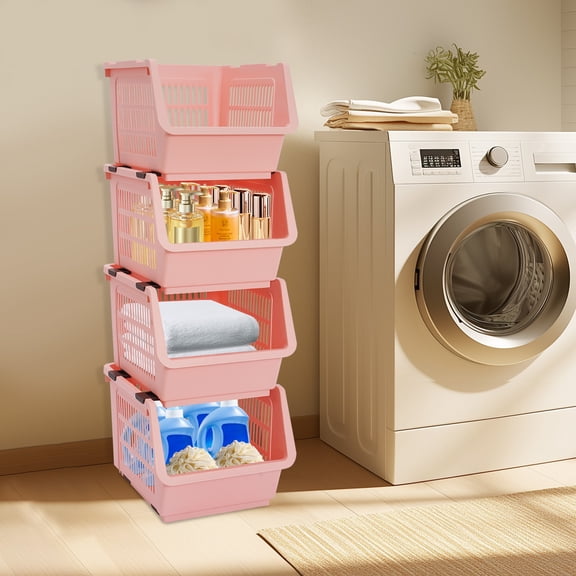 4-Pack Stackable Storage Bin  Adjustable Organizer Baskets with Wheels, 55lb U-Shaped Open Front for Kitchen, Bathroom & Office,Large size (Pink)