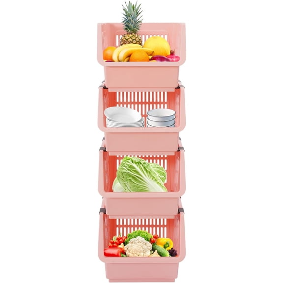 4-Pack Stackable Storage Bin  Adjustable Organizer Baskets with Wheels, 55lb U-Shaped Open Front for Kitchen, Bathroom & Office,Large size (Pink)