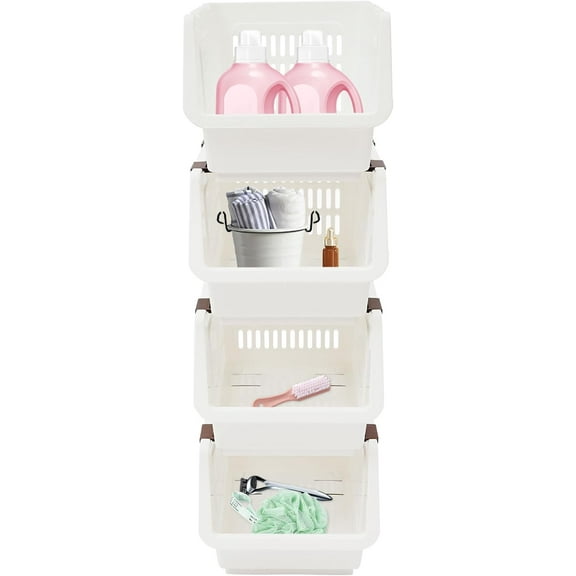 4-Pack Stackable Storage Bins Modular Organizer Baskets with Wheels 38lb Capacity U-Shaped Open Front for Home & Office, Small Size (White)