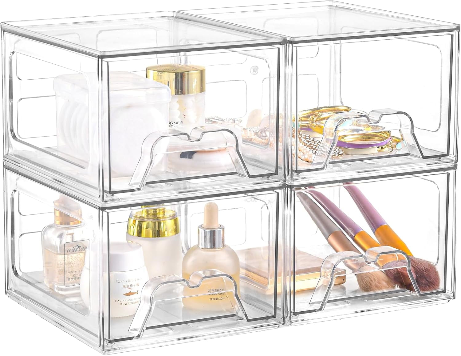 4 Pack Stackable Storage Drawers, Acrylic Bathroom Makeup Organizer and ...