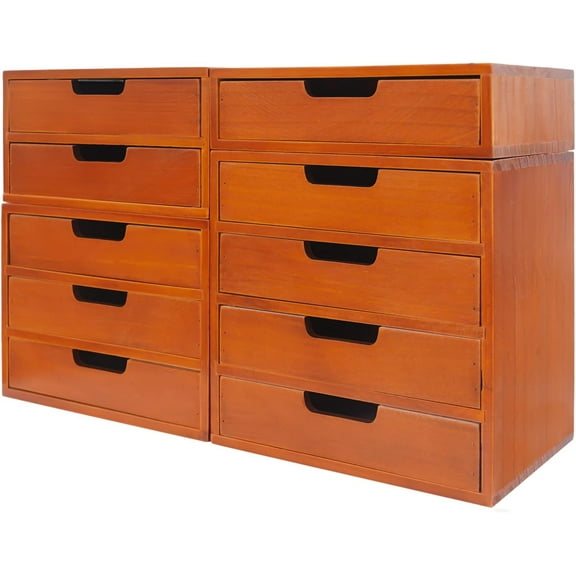 4-Pack Stackable Storage Drawers, Modern Wood Desktop Storage Organizer, 9.7x6.6x 9.8 Wooden Storage Cabinets Used in Home School Office, Brown