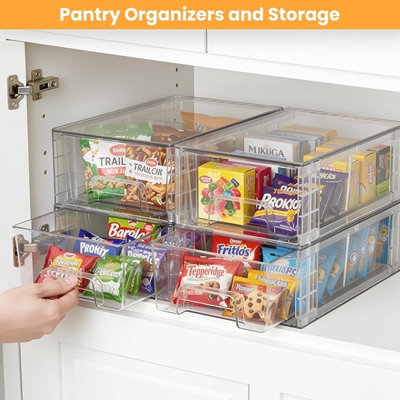 4 Pack Stackable Storage Drawers,Plastic Organizers Bins, Drawers Storage with Handles and Movable Dividers for Organization and Storage in Fridge,Bathroom, Pantry, Kitchen Cabinets, Under Sink