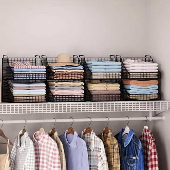 4-Pack Stackable Wire Baskets for Closet Organizers and Storage, Open Storage Bins for Clothes, Toys, and Snacks - Rustic Metal Closet Organizer and Shelves in Black