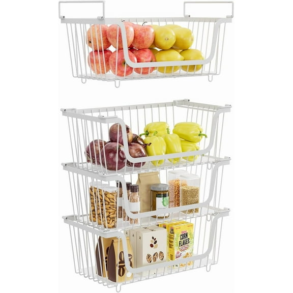 4 Pack Stackable Wire Baskets with Handles for Pantry Organizers and Storage, Fruit and Vegetable wire storage baskets, Potato and Onion Storage Bin, Metal Baskets for Organizing Snacks, Cans (White)